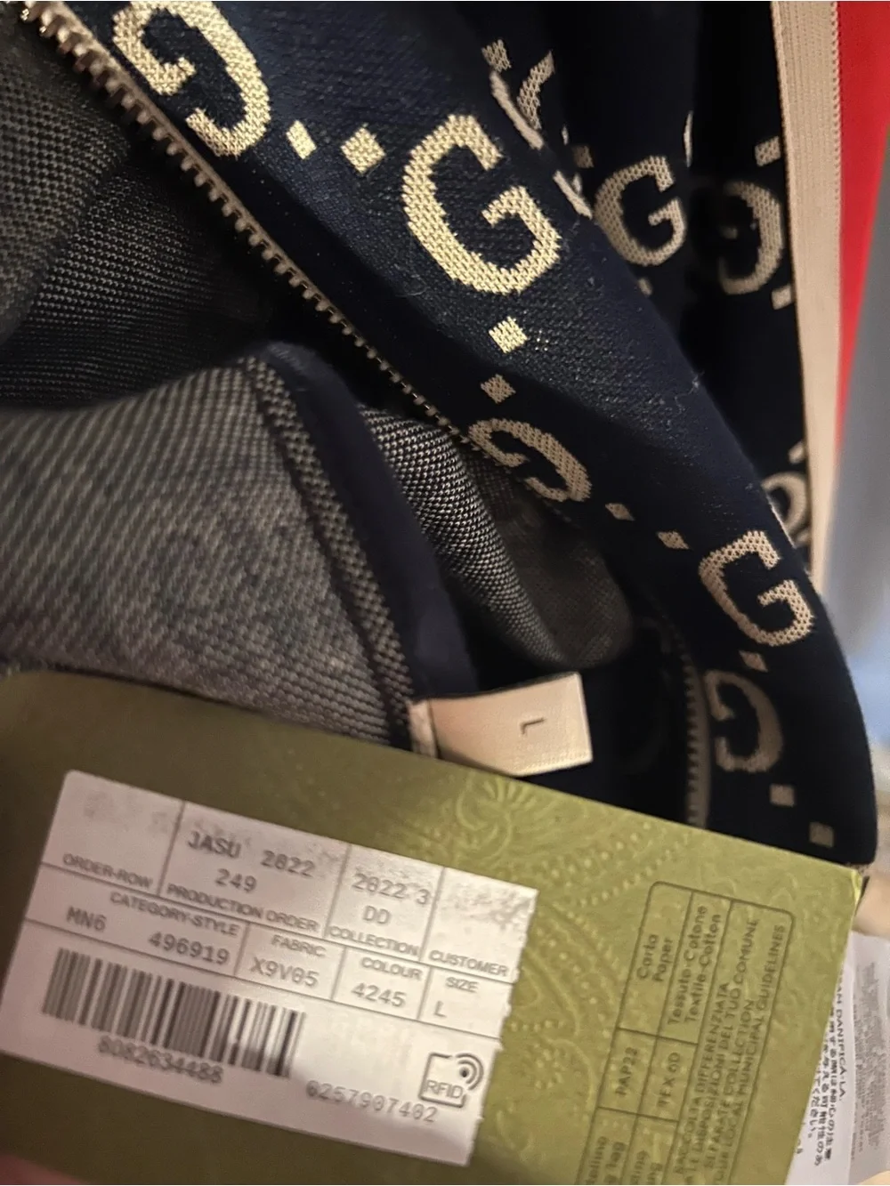 Gucci Navy GG Monogram Bomber Jacket with Red & White Stripes